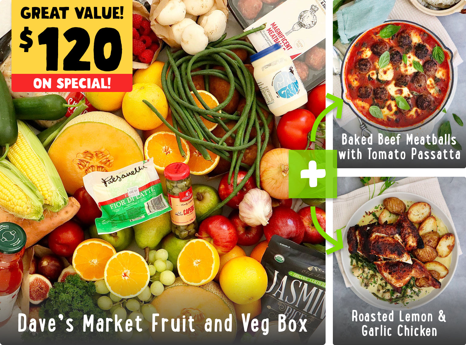 Dave's Recipe Box - Baked Beef Meatballs and Roasted Lemon Chicken with Potatoes | Harris Farm Online