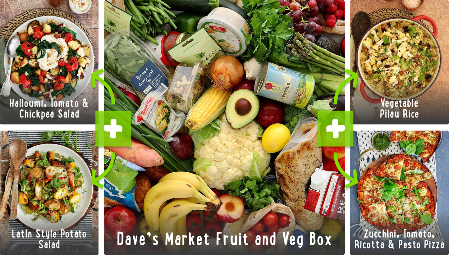 Dave's Vegetarian Recipe Box - Vegetable Pilau Rice, Halloumi Chickpea Salad. Vegetarian Pizza and Latin Potato Salad | Harris Farm OnlineDave's Vegetarian Recipe Box - Vegetable Pilau Rice, Halloumi Chickpea Salad. Vegetarian Pizza and Latin Potato Salad | Harris Farm Online