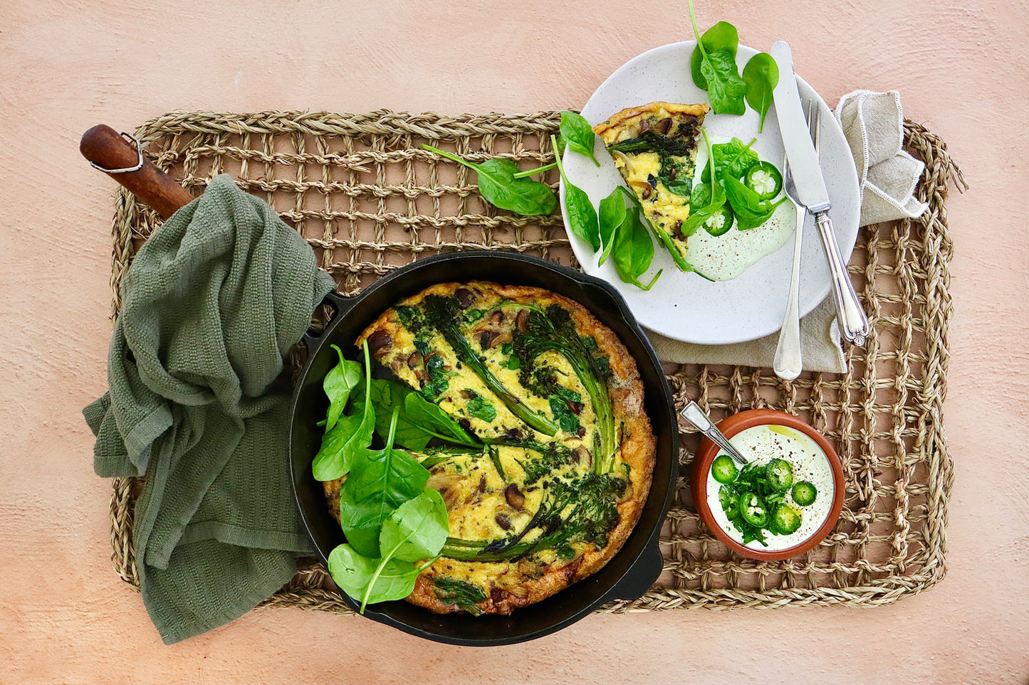 Mushroom and Broccolini Frittata - with Feta, Garlic and Jalapeno Sour Cream  | Harris Farm Online