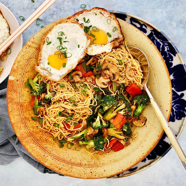 Wonton Stir Fry Noodles with Seasonal Vegetables and Black Bean Sauc