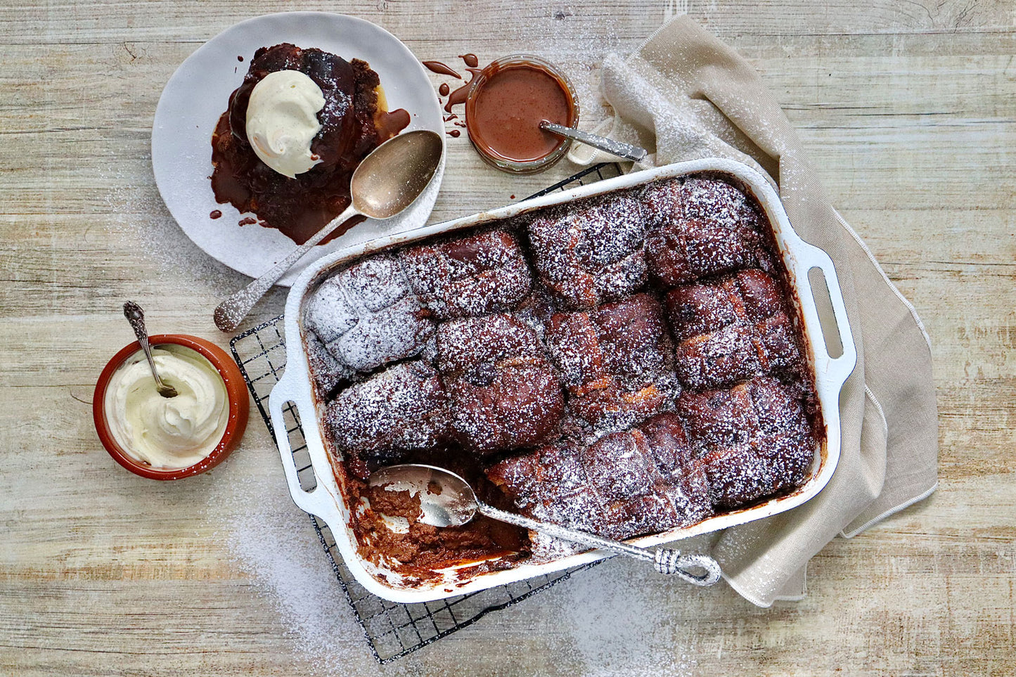 Chocolate Hot Cross Bun Pudding - with Chocolate Sauce and Vanilla Dollop Cream | Harris Farm Online