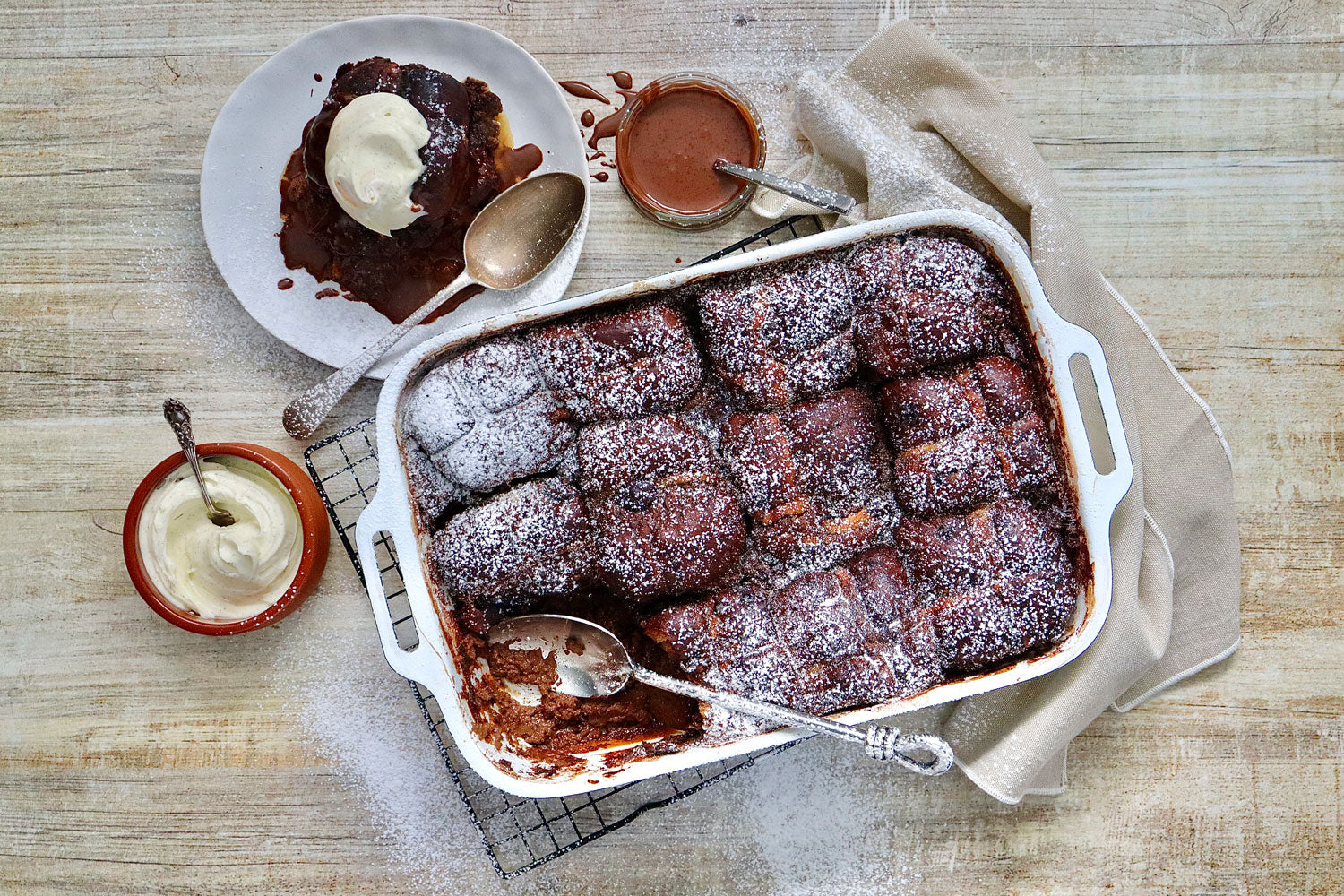 Chocolate Hot Cross Bun Pudding - with Chocolate Sauce and Vanilla Dollop Cream | Harris Farm Online