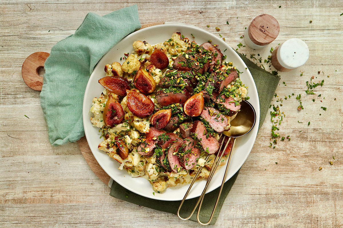 Lamb Backstrap - with Herbed Pistachio Crust, Creamy Cauliflower and Roasted Figs | Harris Farm Online