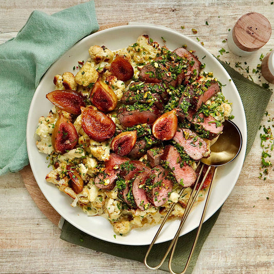 Lamb Backstrap - with Herbed Pistachio Crust, Creamy Cauliflower and Roasted Figs | Harris Farm Online