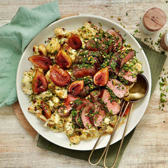 Lamb Backstrap - with Herbed Pistachio Crust, Creamy Cauliflower and Roasted Figs | Harris Farm Online