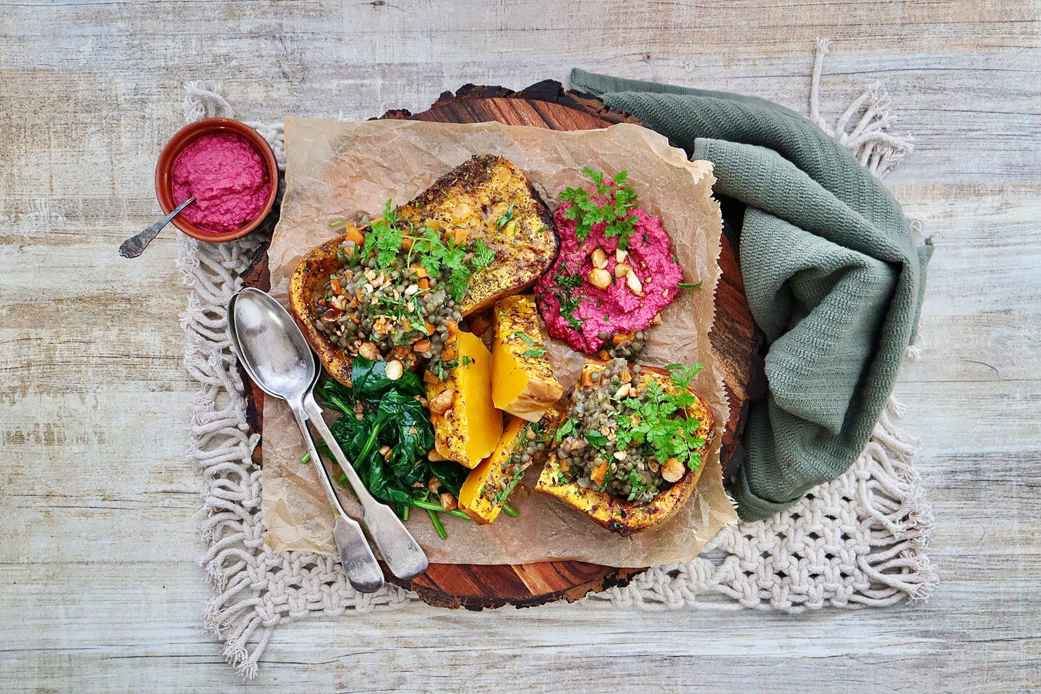 Roasted Butternut Pumpkin - with Lentil Cassoulet, Spinach and Honey Macadamias | Harris Farm Online