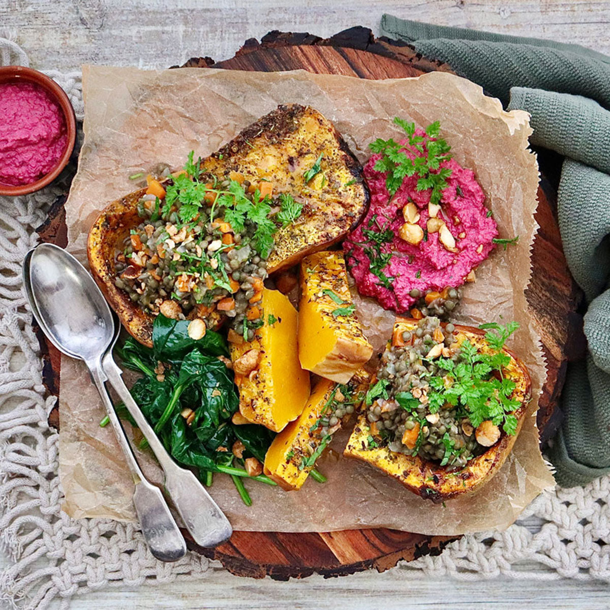 Roasted Butternut Pumpkin - with Lentil Cassoulet, Spinach and Honey Macadamias | Harris Farm Online