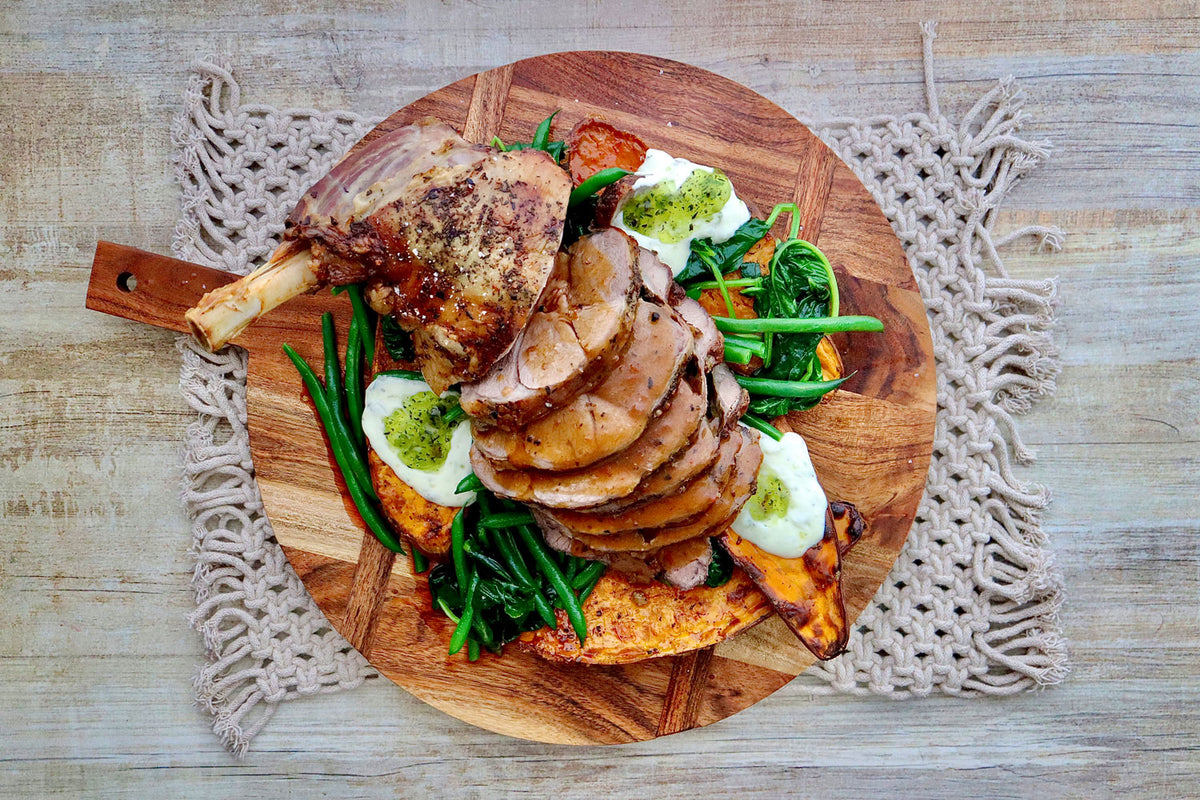 Roasted Leg of Lamb - with Sweet Potatoes, Green Beans and Mint Jelly Creme Fraiche | Harris Farm Online