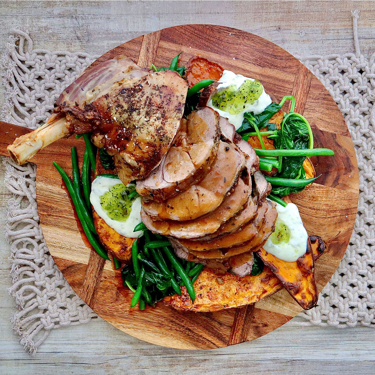 Roasted Leg of Lamb - with Sweet Potatoes, Green Beans and Mint Jelly Creme Fraiche | Harris Farm Online