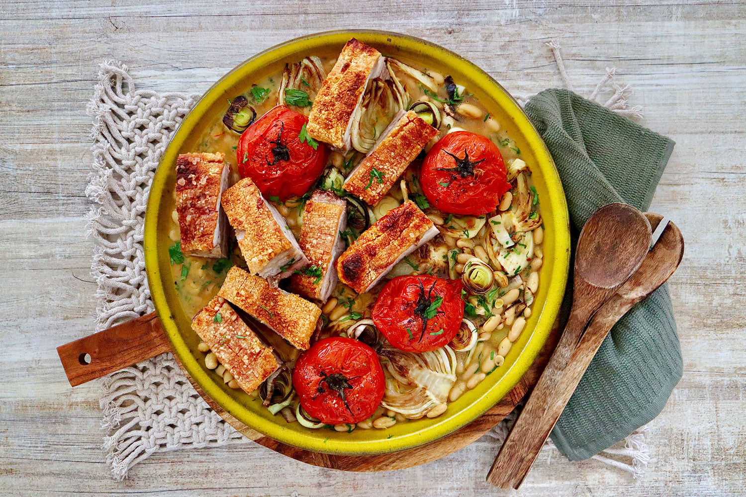 Roasted Pork Belly - with Saffron Cannellini Beans and Roasted Tomatoes | Harris Farm Online