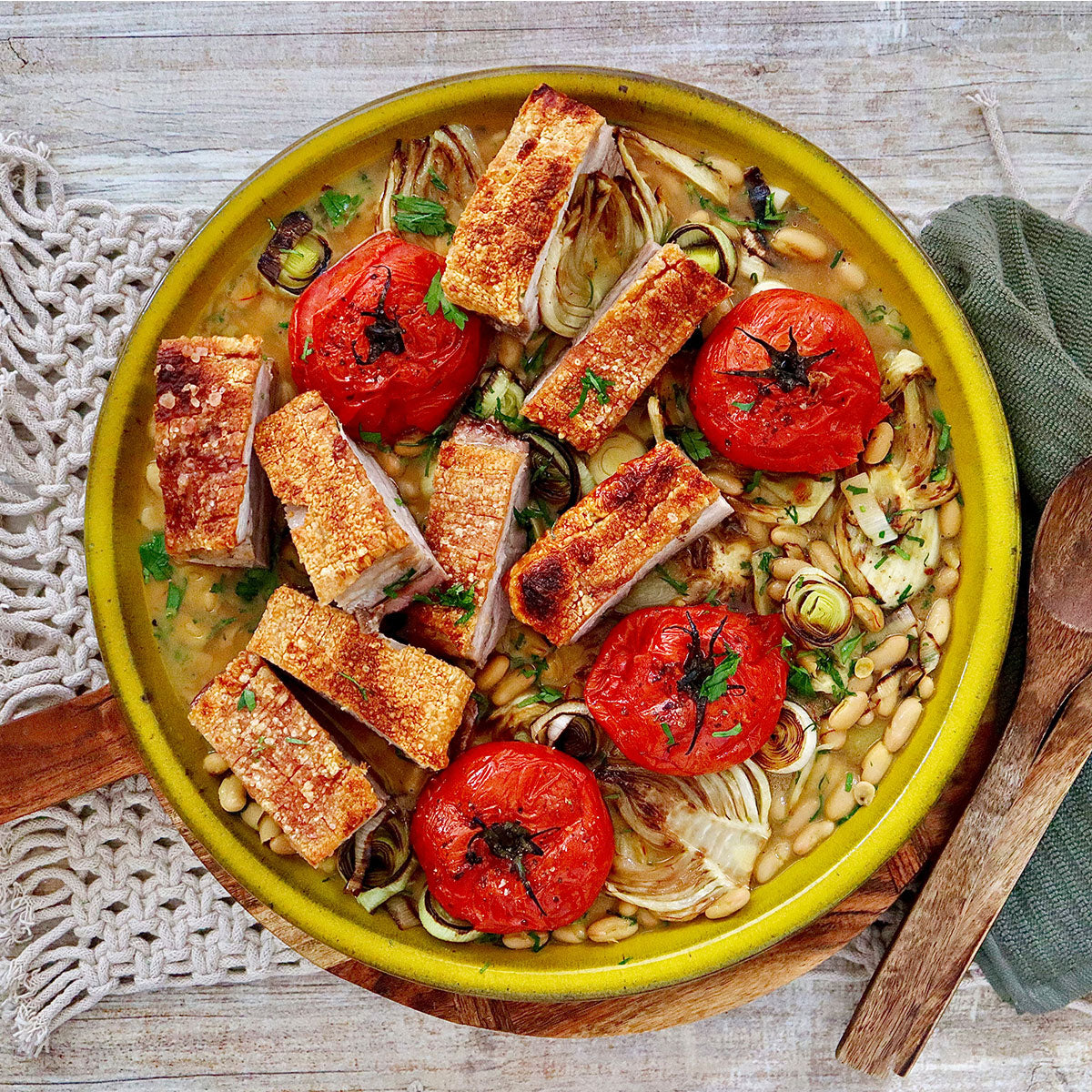 Roasted Pork Belly - with Saffron Cannellini Beans and Roasted Tomatoes | Harris Farm Online