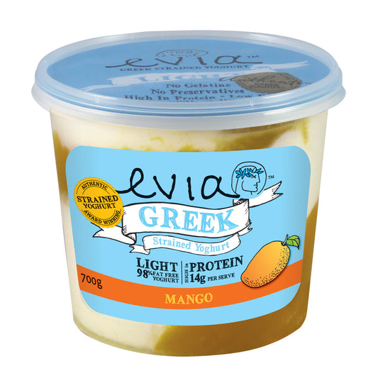 Evia Yoghurt Gelatin Free Strained Greek Thick & Lite Mango 700g , Frdg2-Dairy - HFM, Harris Farm Markets
 - 1