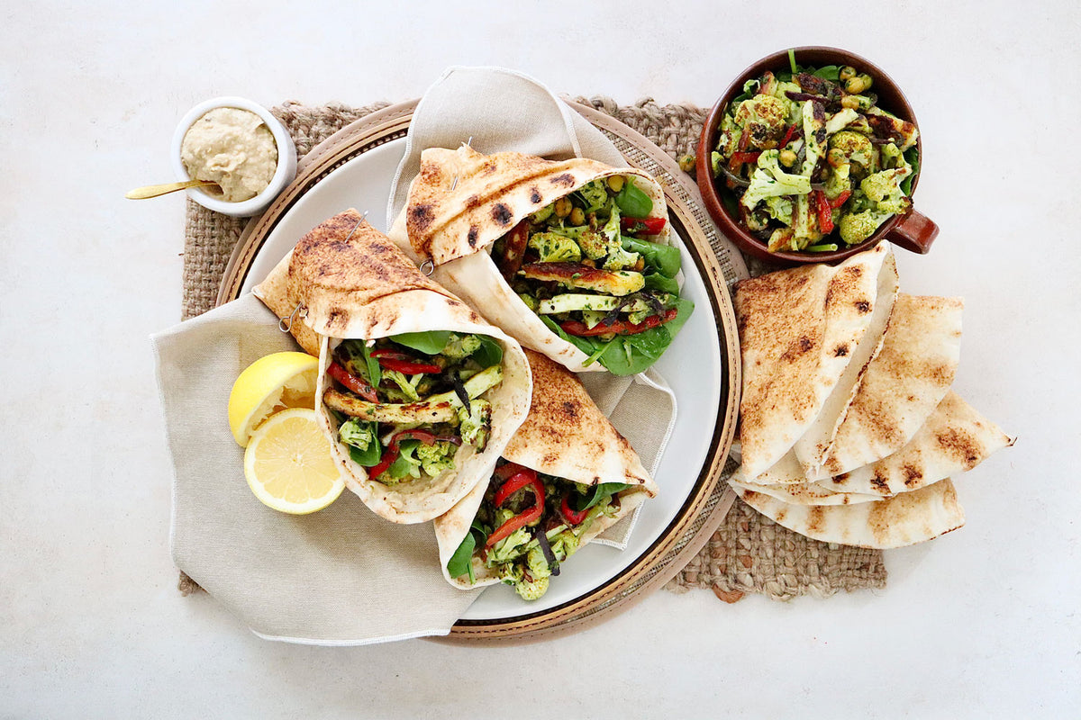 Roasted Vegetable Shawarmas with Hummus and Salsa Verde Harris Farm