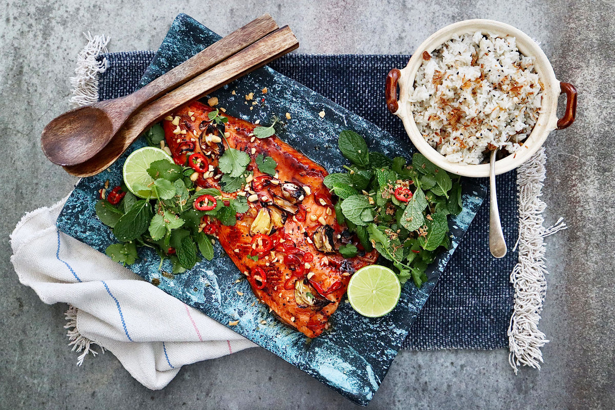 Sweet and Sour Baked Ocean Trout - with Herbed Peanut Salad and Coconut Rice | Harris Farm Online