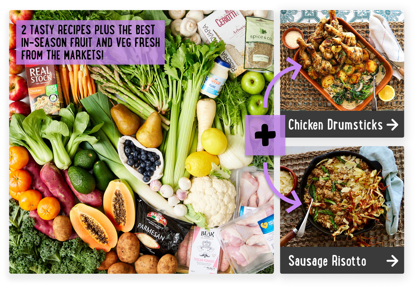 Dave's Recipe Box - Tuscan Sausage Risotto And Garlic Oregano Chicken Drumsticks,  Golden Potatoes and Creamy Spinach