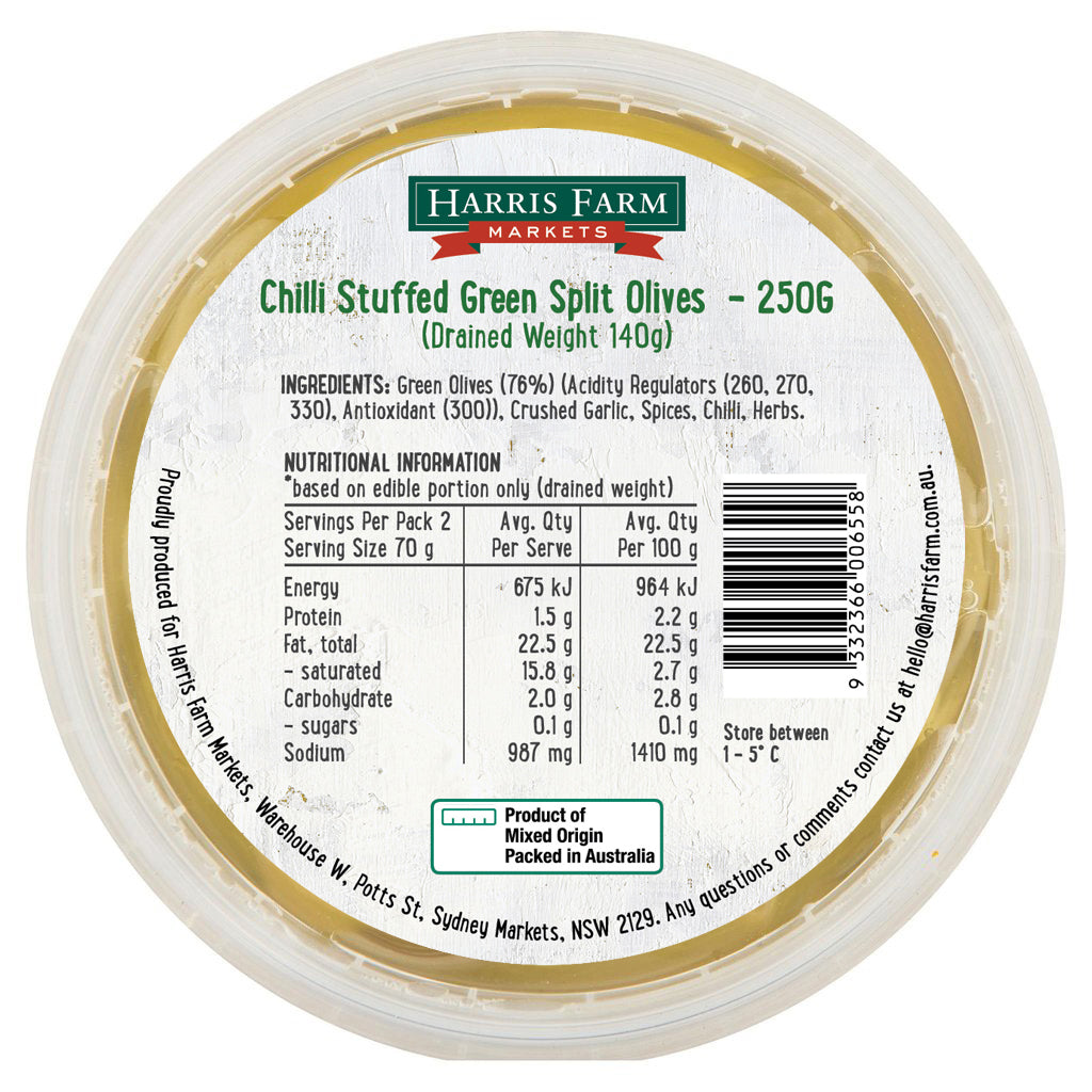 Harris Farm Olives Chilli Stuffed Green Split 250g