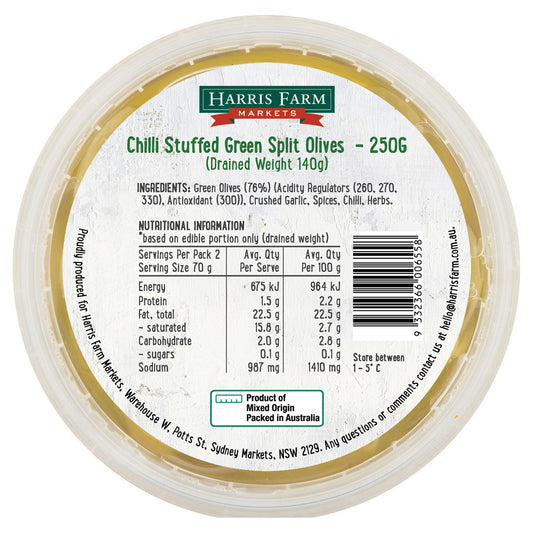 Harris Farm Olives Chilli Stuffed Green Split 250g