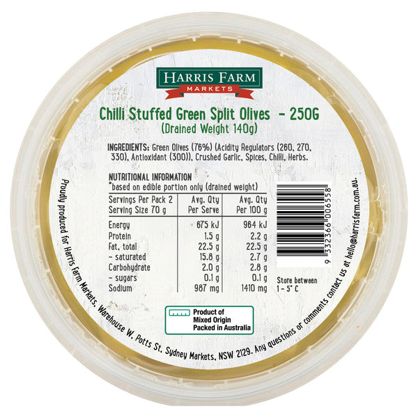 Harris Farm Olives Chilli Stuffed Green Split | Harris Farm Online