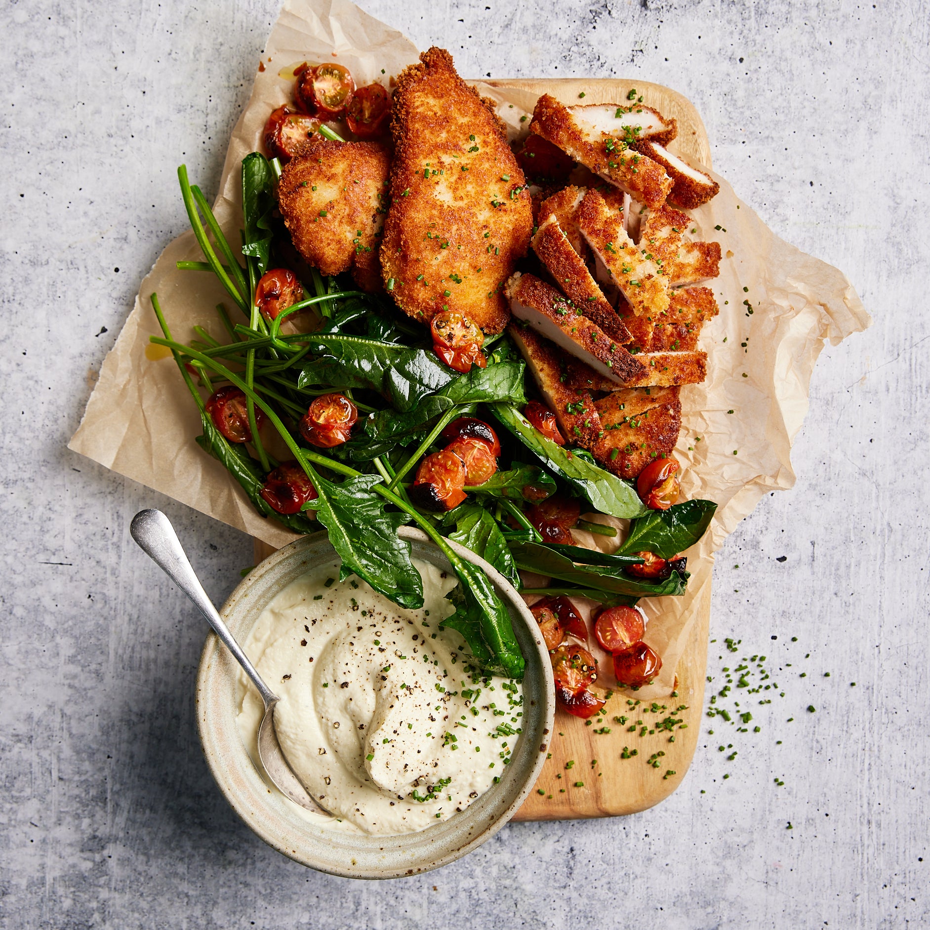 Chicken Schnitzel- with Cauliflower Puree Spinach and Roasted Cherry Tomatoes | Harris Farm Online