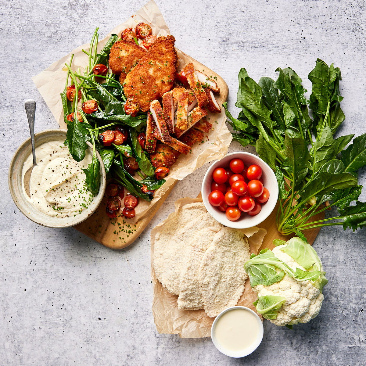 Chicken Schnitzel- with Cauliflower Puree Spinach and Roasted Cherry Tomatoes | Harris Farm Online