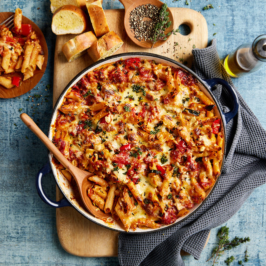 Penne and Chorizo Pasta Bake - with Garlic Bread