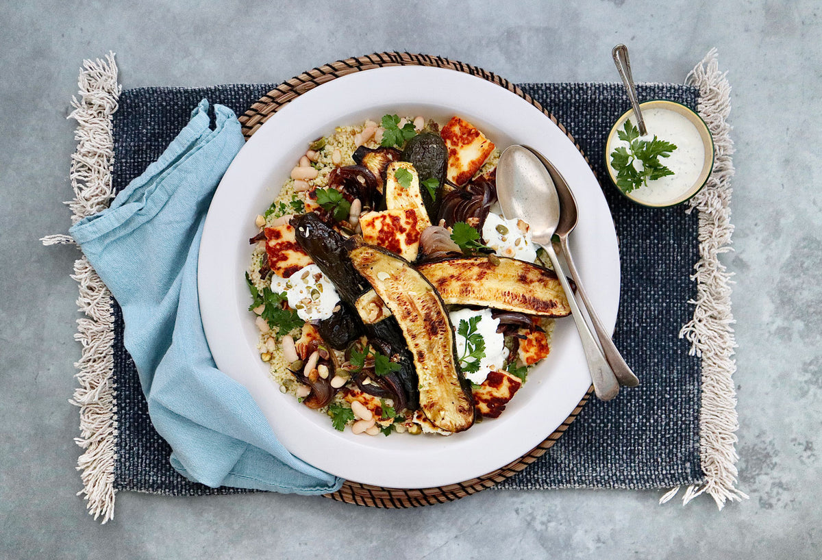 Roasted Zucchini Couscous Salad - with Cannellini Beans and Tzatziki Dressing  |  Harris Farm Online