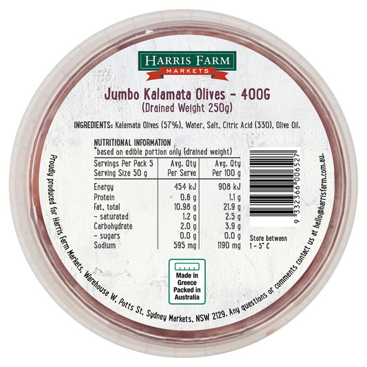 Harris Farm Olives Jumbo Kalamata 400g