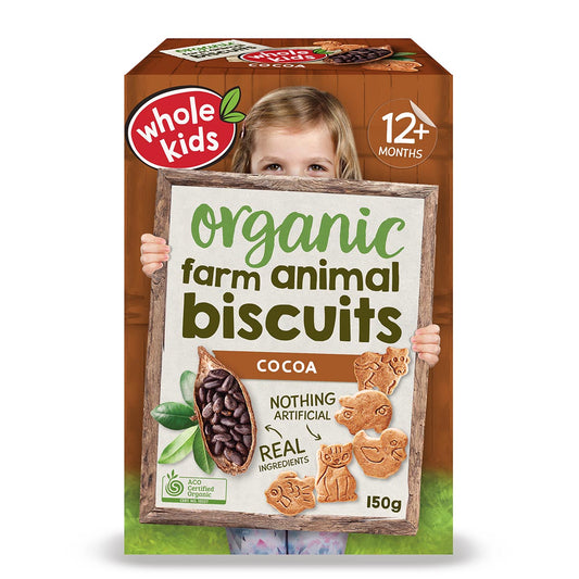 Whole Kids Organic Farm Animal Biscuits Cocoa 150g
