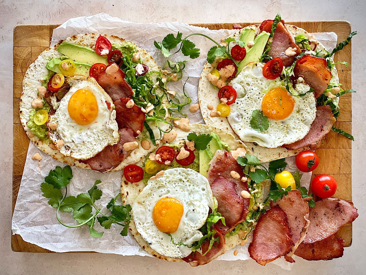 Bacon and Egg Tacos - with Chipotle Mayo and Guacamole | Harris Farm Online