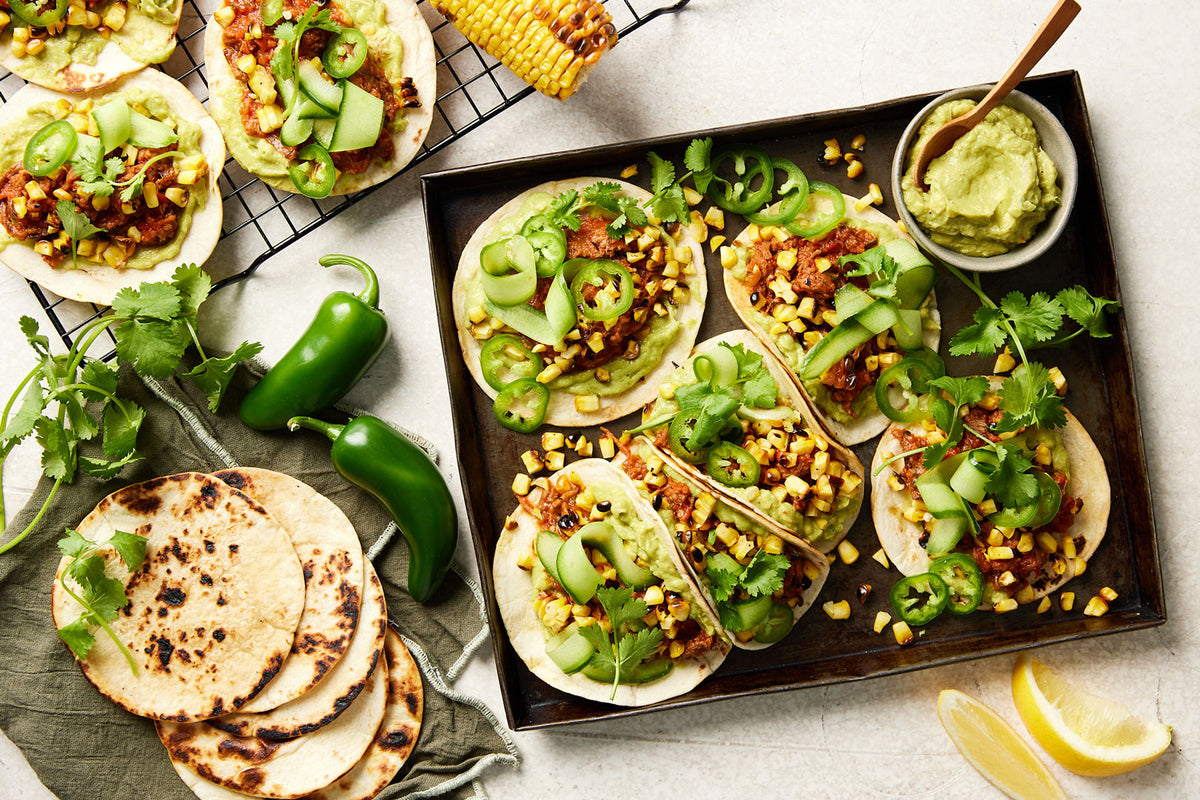 Plant Based Tacos Mexicanos - with Roasted Corn Tomato Fable Beef and Guacamole | Harris Farm Online