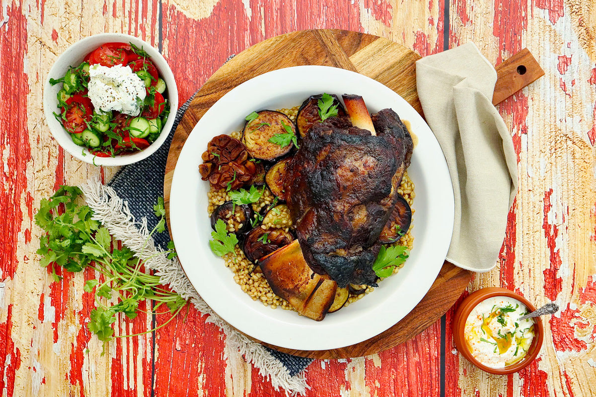 Baharat Spiced Lamb Shoulder with Garlic Tahini Yoghurt and Persian