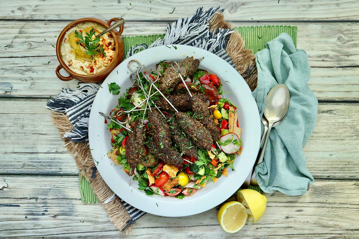 Beef Kofta - with Fattoush Salad Baba Ghanoush | Harris Farm Online