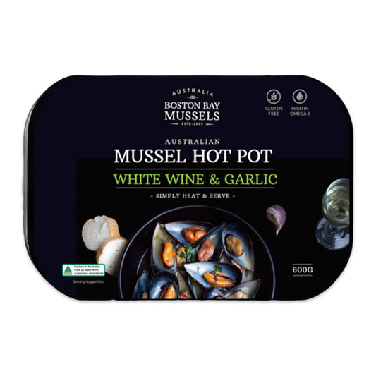 Boston Bay Mussels Australian Mussel Hot Pot in White Wine and Garlic 600g | Harris Farm Online