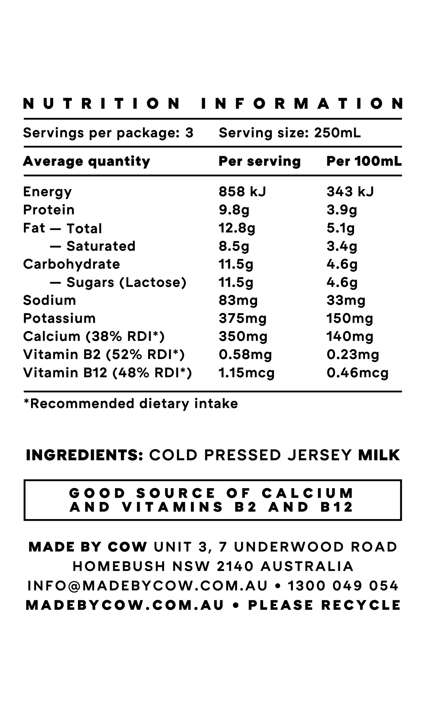 Made by Cow Cold Pressed Raw Jersey Milk 750ml