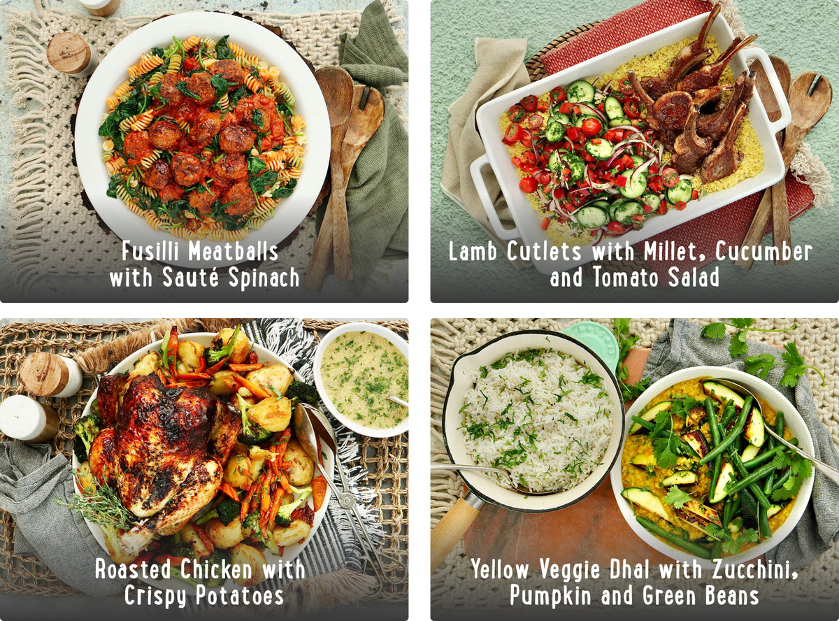 Organic Recipe Box - Fusilli Meatballs, Yellow Veggie Dhal, Roasted Chicken and Lamb Cutlets with Millet | Harris Farm Online