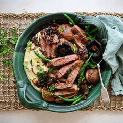 Porterhouse Steaks - with Mash Potatoes Green Beans Mushrooms and Balsamic Onions | Harris Farm Online