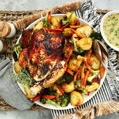 Roasted Chicken with Crispy Potatoes, Carrots, Broccoli and Verjuice Gravy | Harris Farm Online