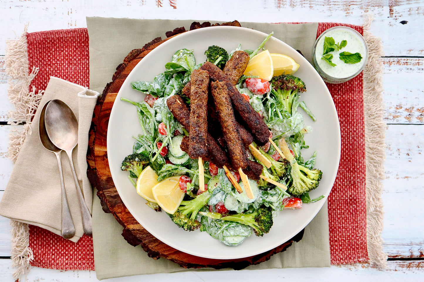 Lamb Koftas - with Broccoli Tomato Salad and Yoghurt Feta Dressing | Harris Farm Online