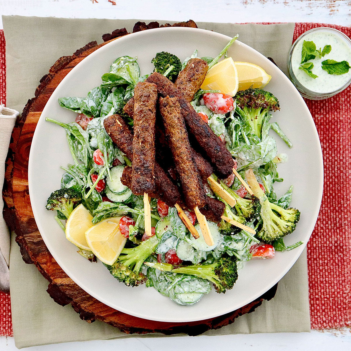 Lamb Koftas - with Broccoli Tomato Salad and Yoghurt Feta Dressing | Harris Farm Online