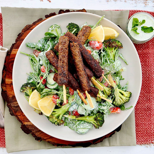 Lamb Koftas - with Broccoli Tomato Salad and Yoghurt Feta Dressing | Harris Farm Online