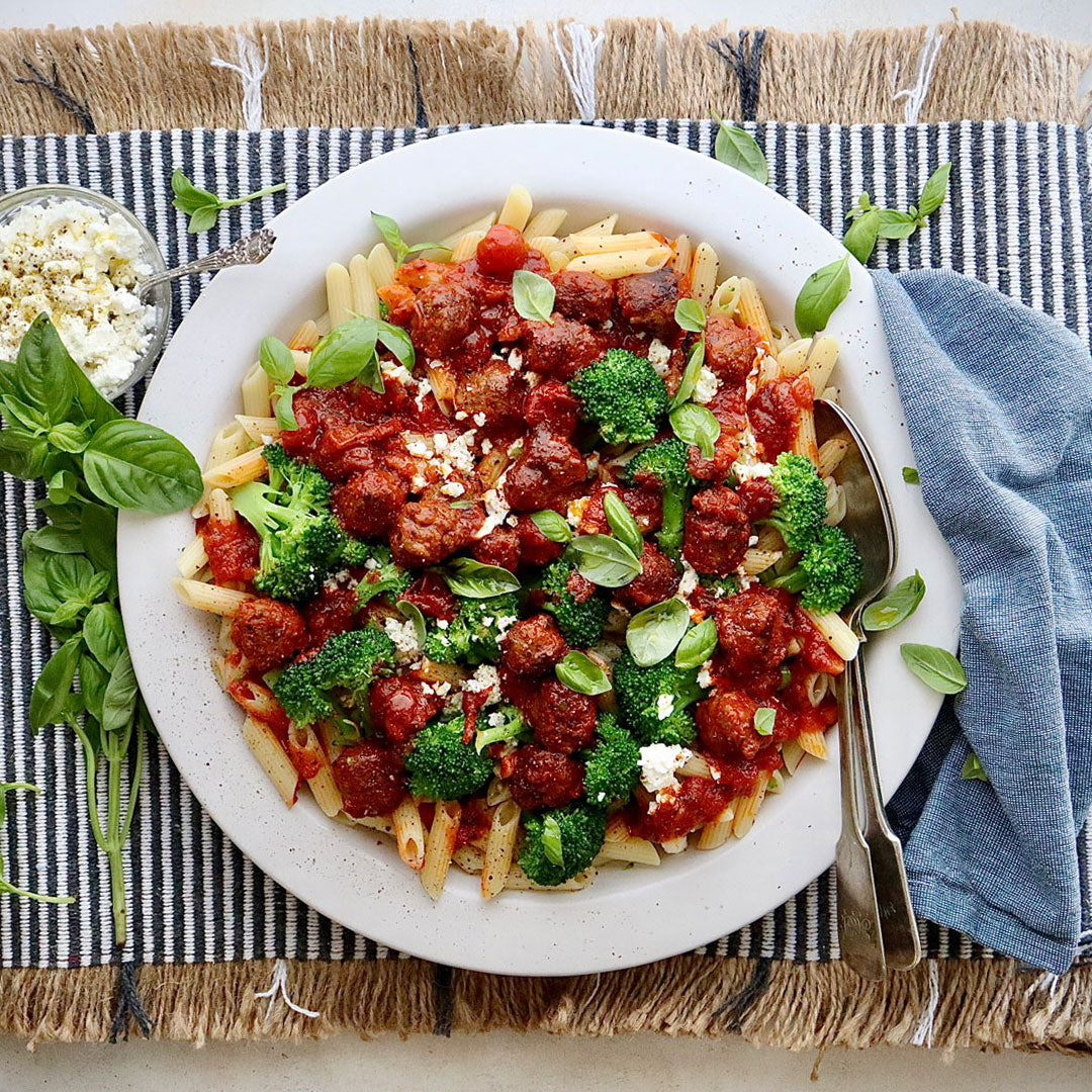 Organic Beef Sausage Balls - with Tomato and Penne | Harris Farm Online