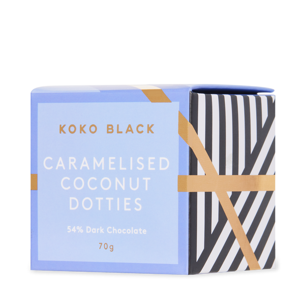 Koko Black Dark Chocolate Caramelised Coconut Dark Dotties Cube 70g