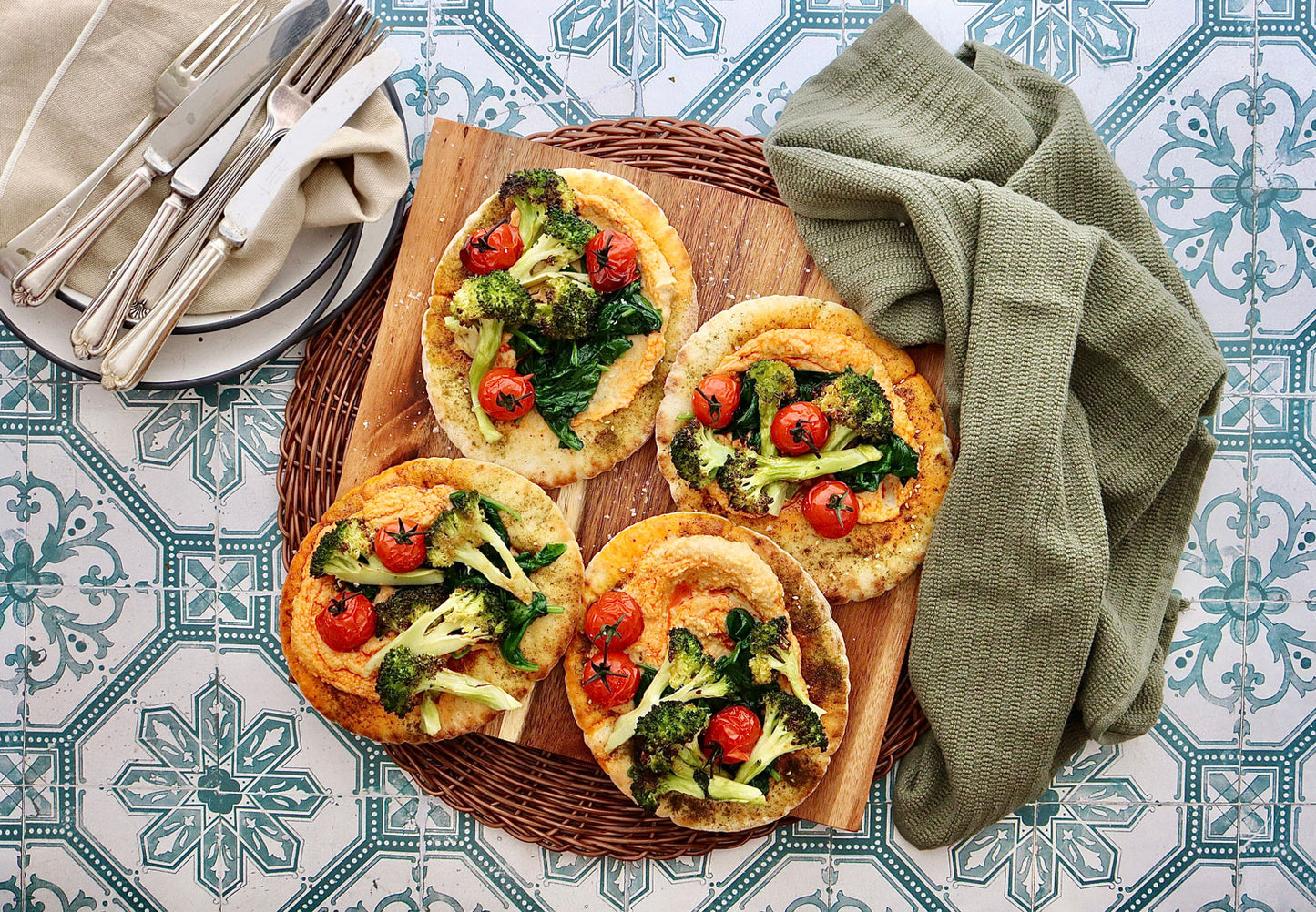 Zaatar Toasted Pita - with Paprika Hummus Roasted Broccoli and Roasted Tomatoes