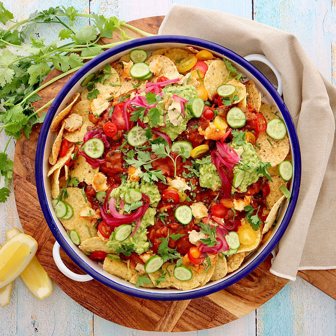 Vegan Nachos - with Smokey Bean Salsa Guacamole and Vegan Cheese | Harris Farm Online