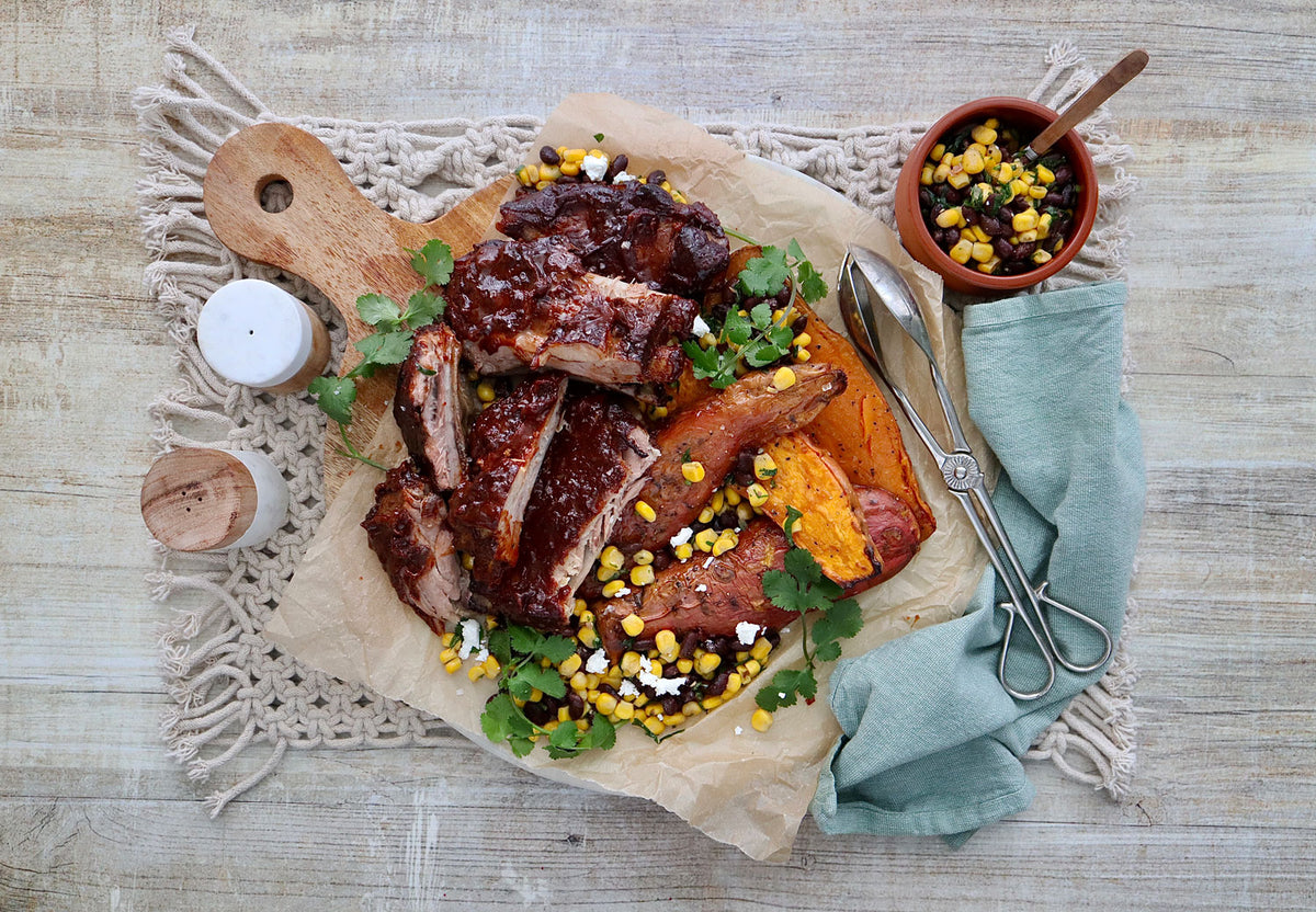 BBQ Pork Ribs - with Roasted Sweet Potatoes & Corn Salad  |  Harris Farm Online