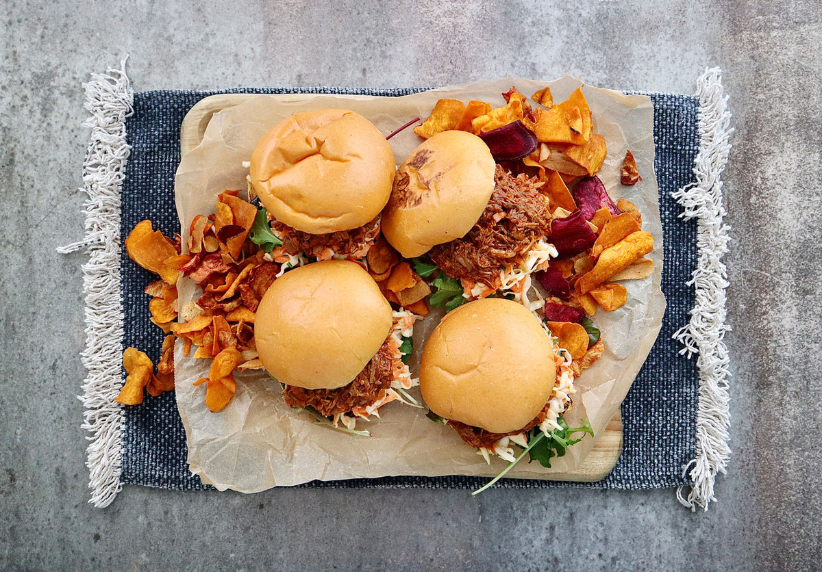 BBQ Pulled Pork Rolls - with Cabbage Slaw & Blue Cheese Dressing  |  Harris Farm Online