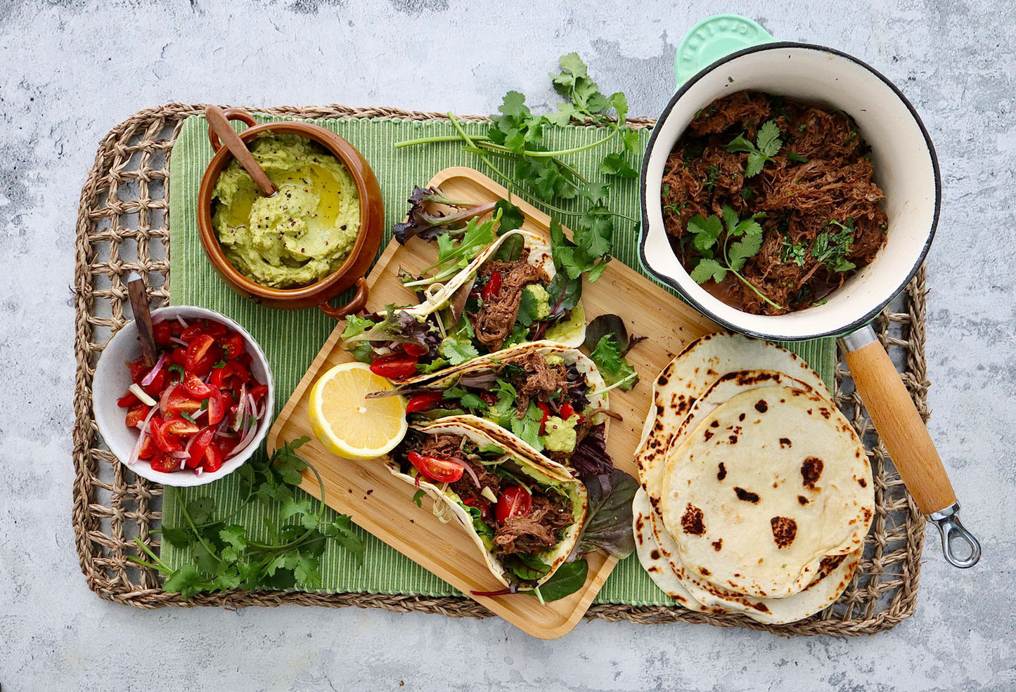 Spiced Pulled Beef Brisket Tacos - with Guacamole and Tomato Salsa  |  Harris Farm Online