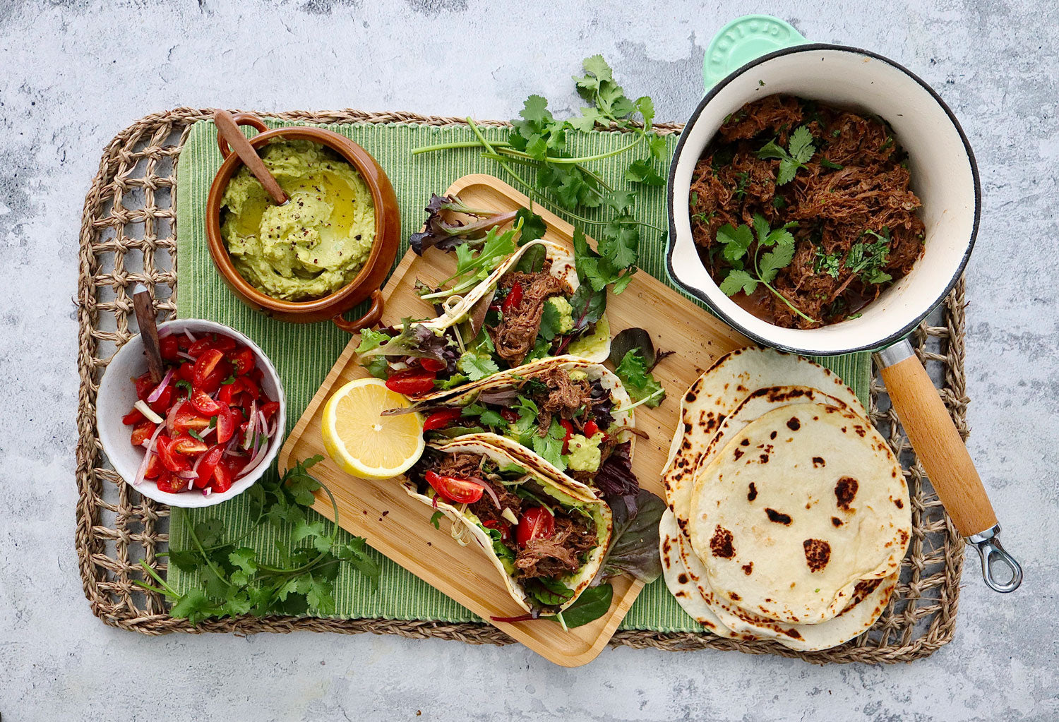 Spiced Pulled Beef Brisket Tacos - with Guacamole and Tomato Salsa  |  Harris Farm Online