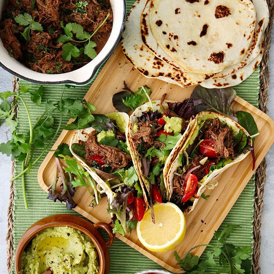Spiced Pulled Beef Brisket Tacos - with Guacamole and Tomato Salsa  |  Harris Farm Online