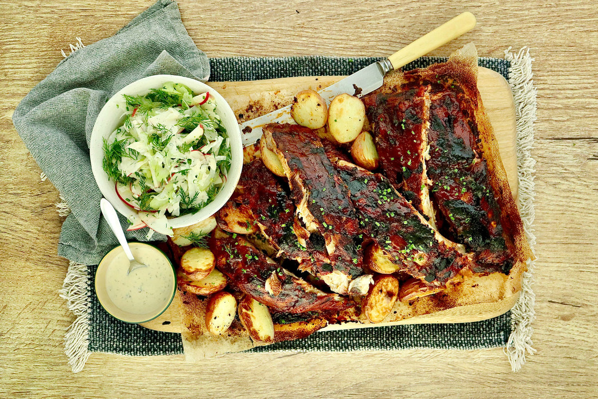 American Style Pork Ribs - with Fennel Celery Salad and Roasted Potatoes | Harris Farm Online
